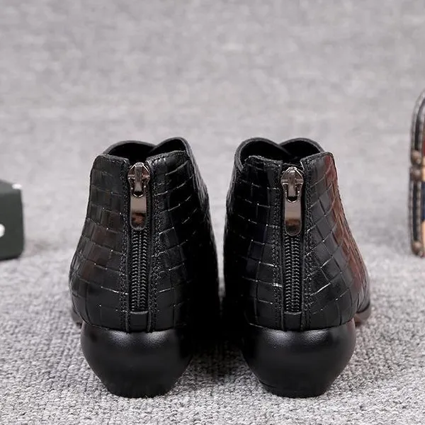 欧美中跟深口尖头粗跟拉链短靴秋冬中跟冬季复古风百搭加绒软底潮