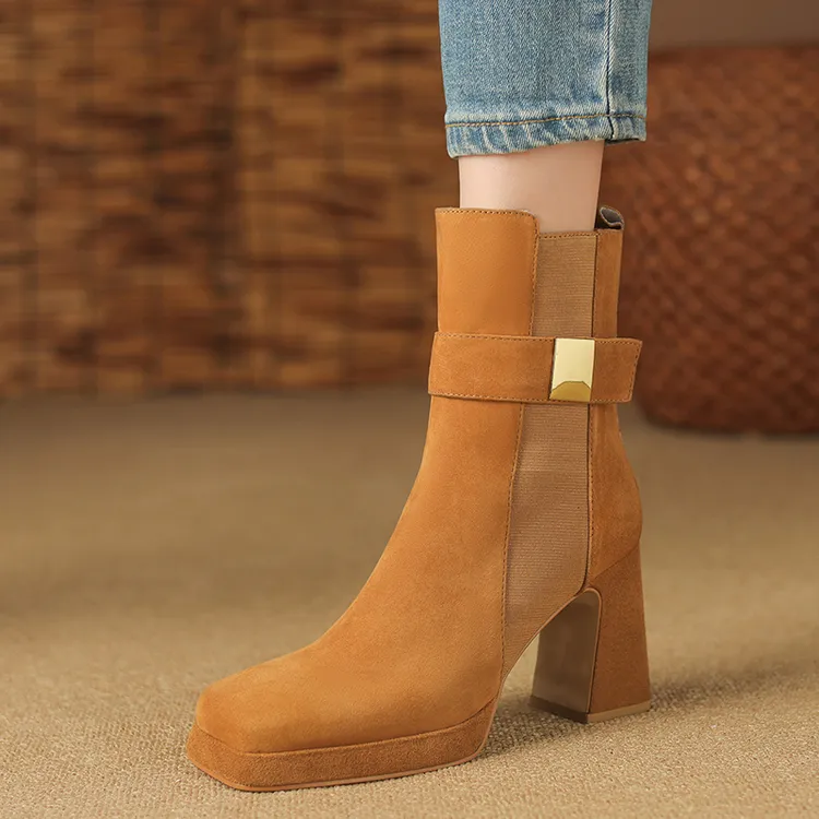 粗跟防水台时装靴子气质高跟短靴女2025新款秋冬季加绒百搭瘦瘦靴