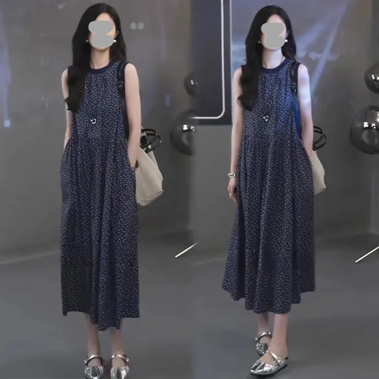 文艺复古宽松百搭波点无袖背心连衣裙女2025夏季新款时尚潮流裙子