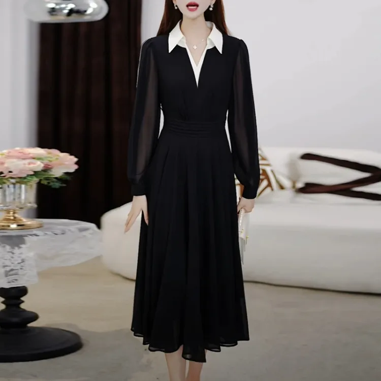 冰丽丝轻奢名媛小黑裙2025春季新款时尚黑色修身显瘦长袖连衣裙子