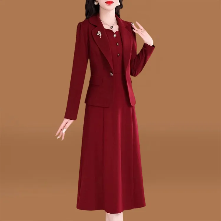 喜婆婆婚宴装2025新款女春秋季连衣裙长袖妈妈婚礼服十三行两件套