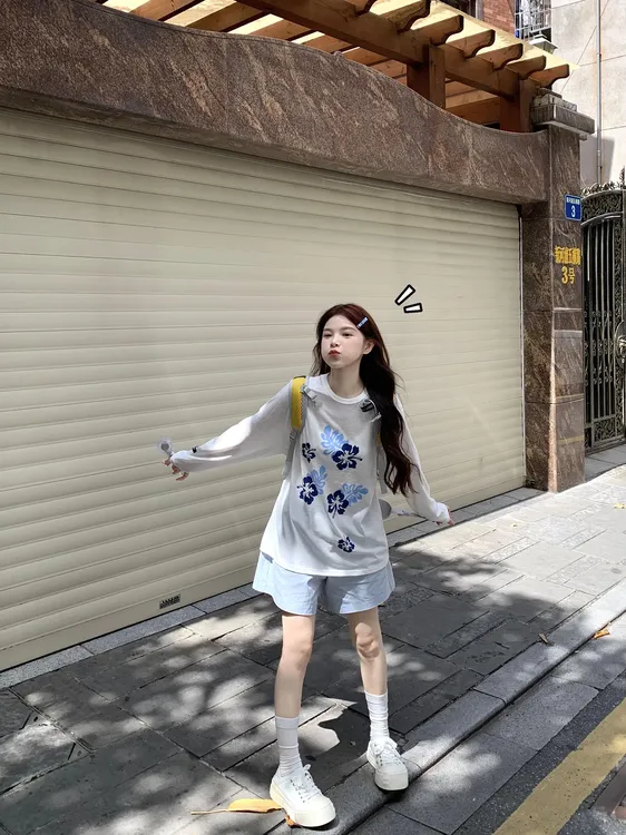 2025新款夏日ootd穿搭防晒罩衫白色长袖t恤上衣女宽松百搭短裤子