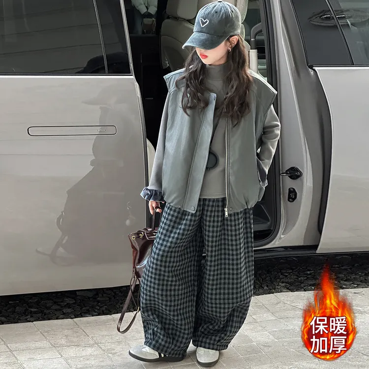 女童网红套装秋冬装女孩洋气时髦儿童加厚皮马甲加绒格子裤三件套