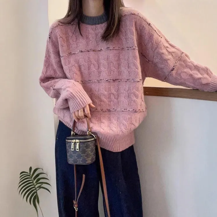 韩版慵懒风圆领拼色麻花套头毛衣女秋冬新款宽松针织衫内搭打底衫