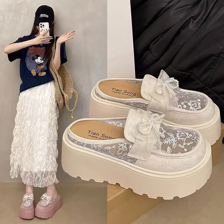 啄木鸟厚底增高7CM跟包头半拖鞋女夏季外穿蕾丝透气玛丽珍凉拖鞋