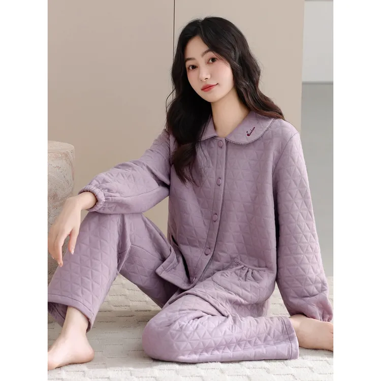 睡衣女士春秋款加厚纯棉长袖空气棉夹层秋冬季薄款夹棉妈妈家居服