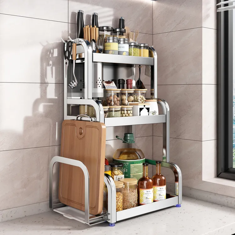 不锈钢厨房置物架防锈多功能台面刀具菜板调料架调味品收纳置物架