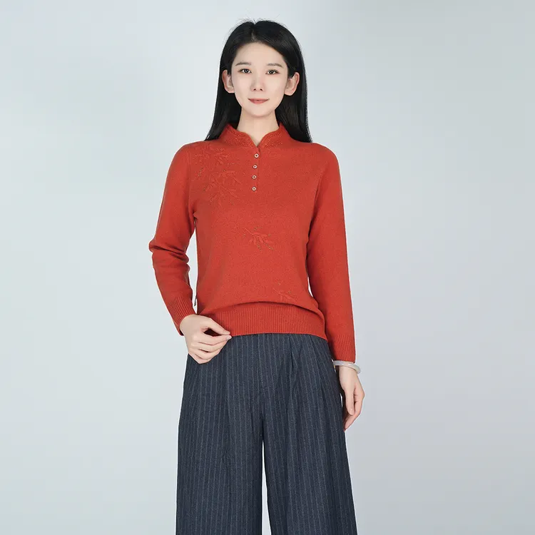 羊毛国风中式秋休闲舒适亲肤长袖新款短款套头针织上衣WH05007191