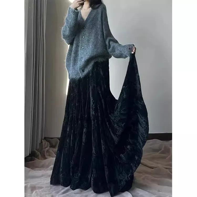 胖mm显瘦鱼尾长裙松紧腰金丝绒印花半身裙国风丝绒到脚踝长裙