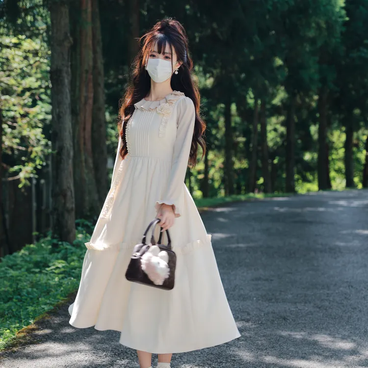花崎鹿原创干枯玫瑰连衣裙法式日常内搭裙长裙宽松气质大摆裙温柔