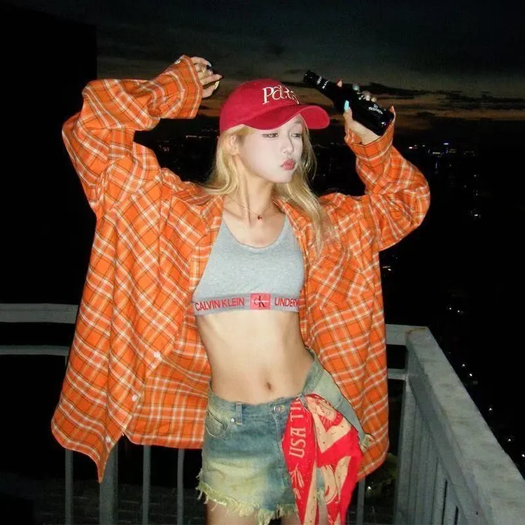 美式宽松开衫上衣设计休闲防晒长袖桔色格纹衬衫衬衣复古新款外套