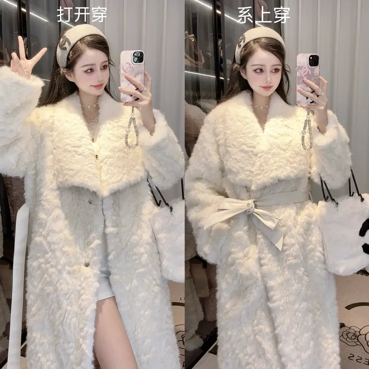 人造皮草 大翻领腰带长款毛毛白色冬季加绒气质大衣外套女