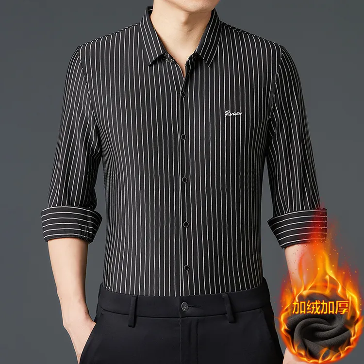 秋冬加绒新款男士长袖高档无痕衬衣商务休闲抗皱免烫弹力弹力衬衫