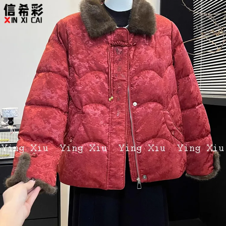 妈妈装新中式国风红色毛领冬装棉服新款2025新年喜庆毛领棉袄外套