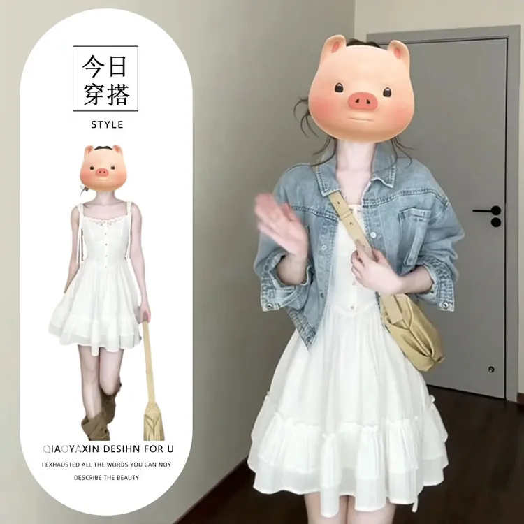 初春韩系穿搭一整套蓝色牛仔外套初恋甜美白色吊带连衣裙两件套装