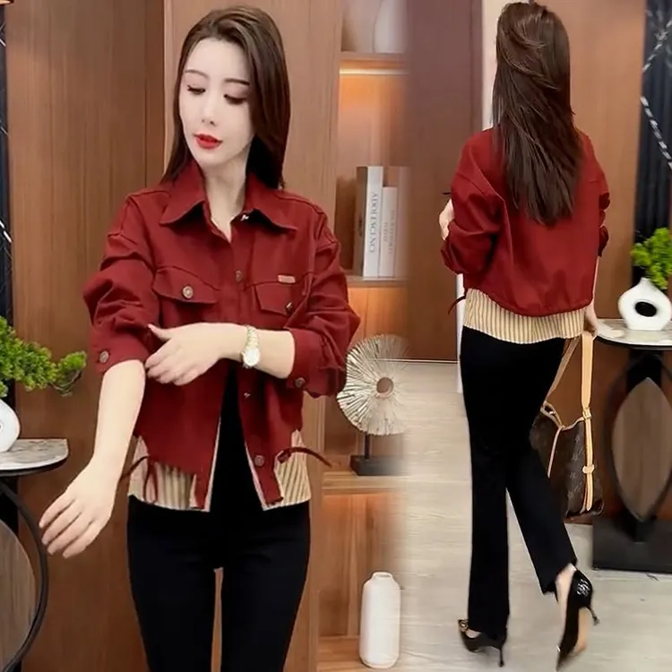 拼接撞色外套女士短款2024秋季新款宽松显瘦开衫休闲百搭上衣