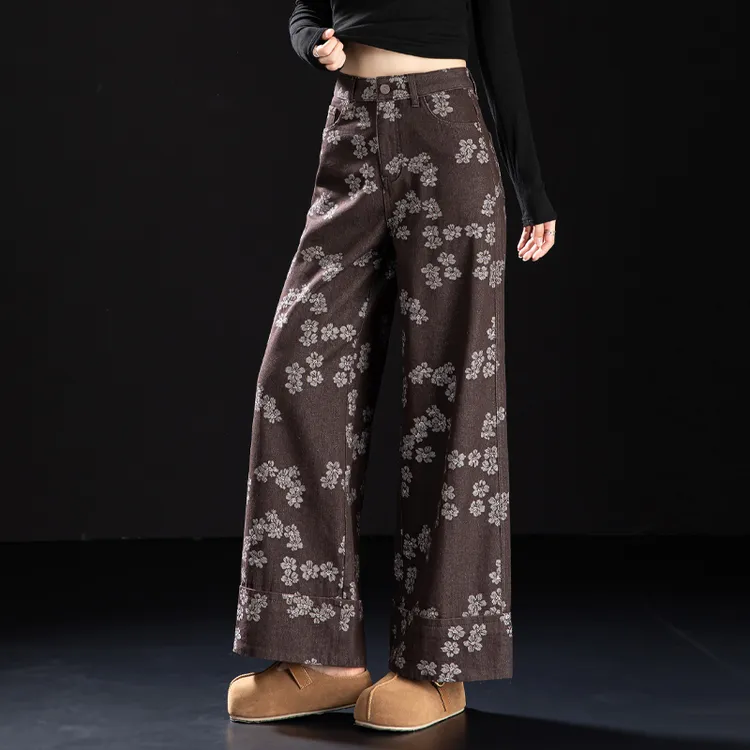 咖啡色印花裤子女2025春秋新款提花牛仔裤女九分裤宽松高腰阔腿裤