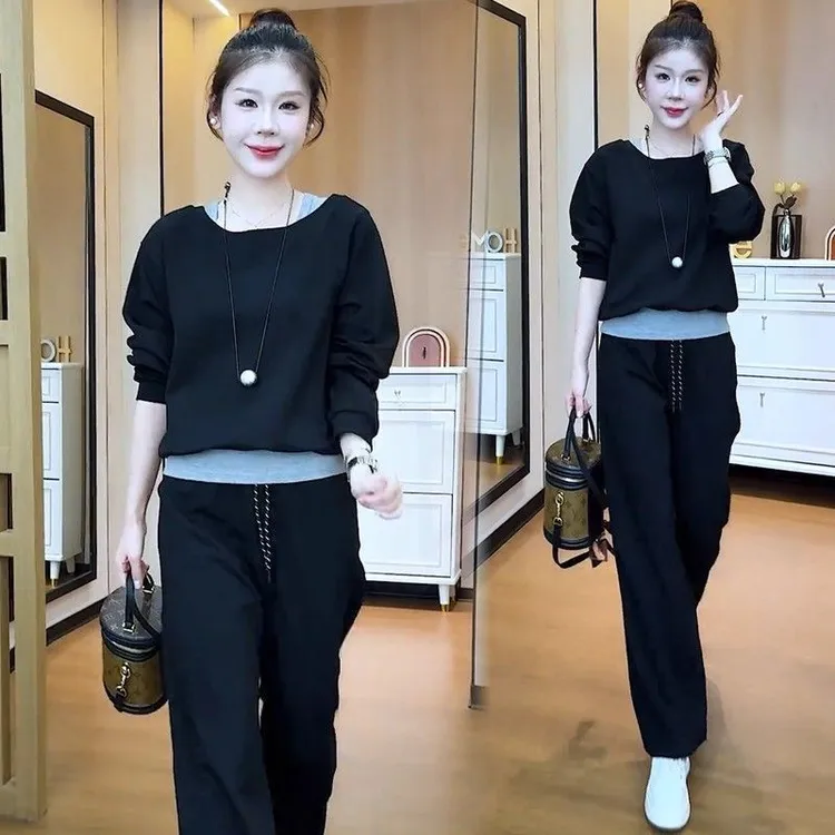 休闲运动风时尚套装2025秋季韩版气质拼接卫衣宽松直筒裤两件套