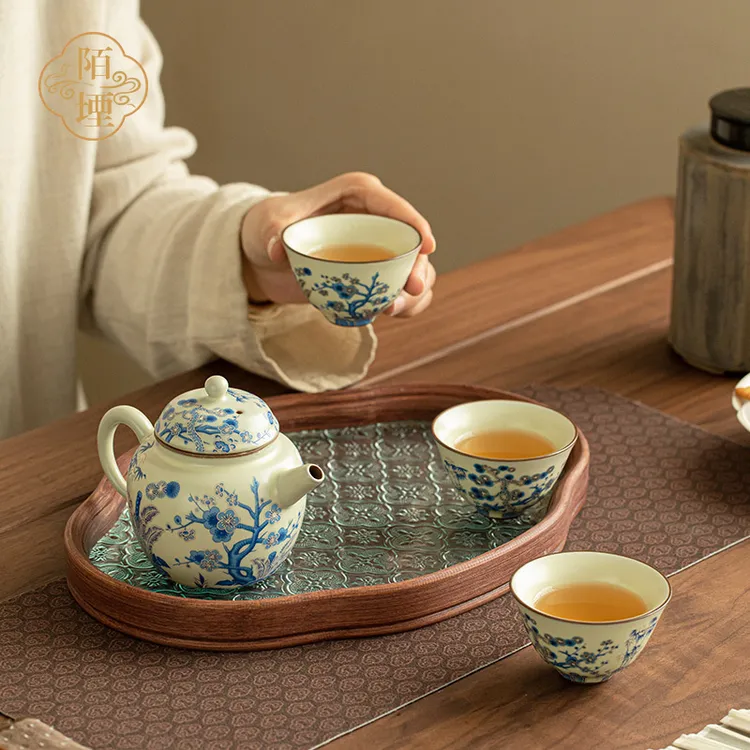 陌堙 景德镇青花岁寒三友汝窑茶壶茶杯茶具套装复古泡茶壶功茶具