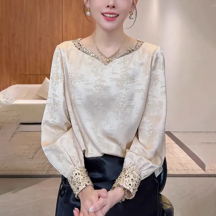 新中式提花长袖衬衫女春秋季新款国风设计感外穿亮片v领衬衣小衫