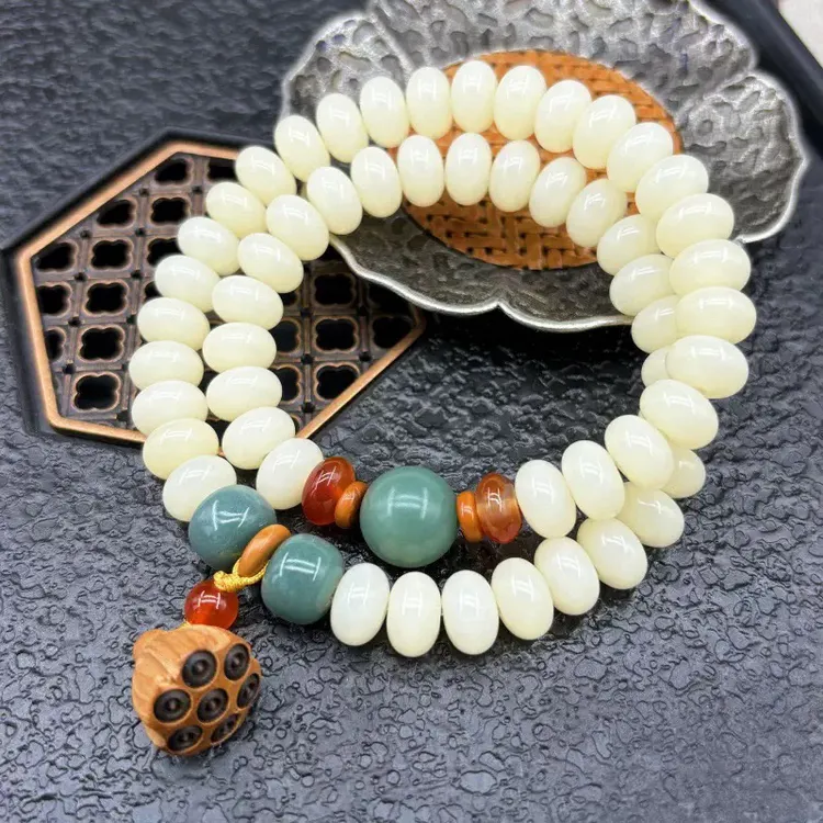 白玉菩提莲花双圈佛珠手串(赠品:盘玩袋;鉴定珠‘弹力绳.)