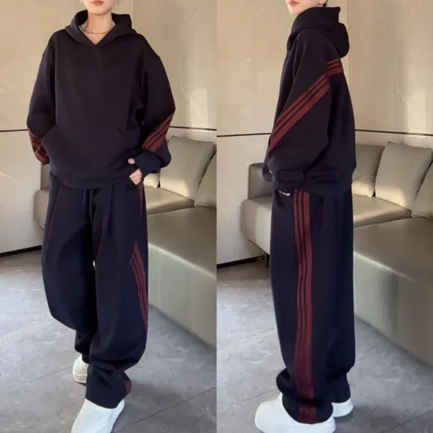 冬季加绒连帽长裤秋季休闲运动套装运动服裤子条纹拼接潮流两件套