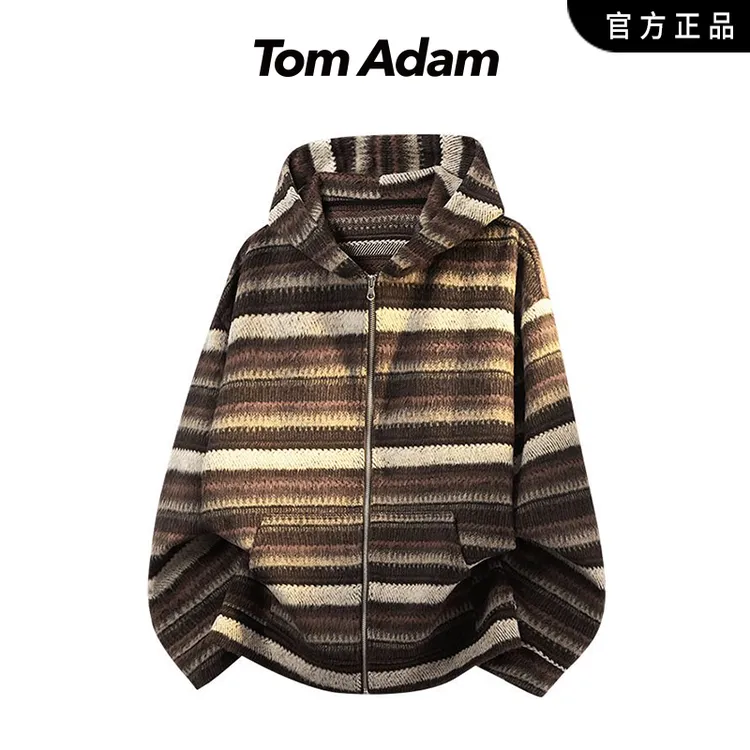 TOMADAM美式条纹连帽卫衣男秋季慵懒风高级开衫外套休闲情侣上衣