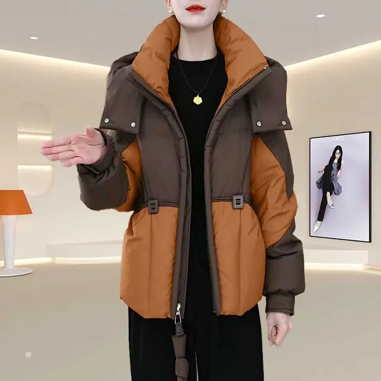 2025韩版棉衣保暖短款百搭拼接撞色女士遮肉保暖帽子可拆卸棉服女