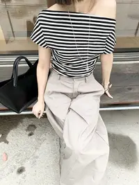 【红姐福利】一字领条纹收腰T恤夏季透气薄款针织衫(衣长53)