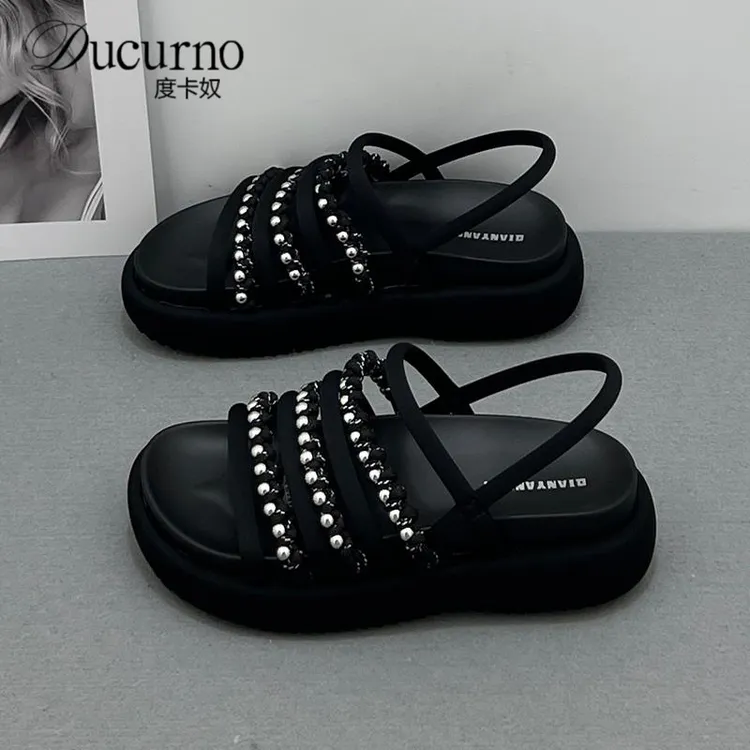 畔带厚底凉鞋女2025夏季新款百搭舒适柔软舒适增高露趾沙滩休闲鞋