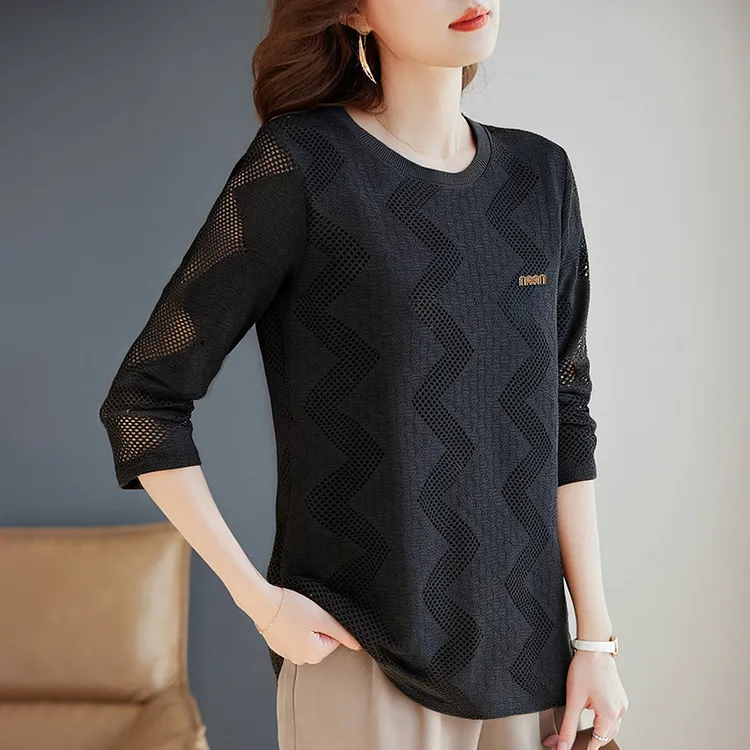 春秋黑色长袖T恤新款女装大码薄款秋季针织打底衫显瘦遮肉上衣女
