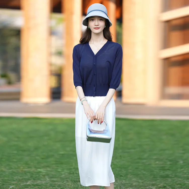 莱赛尔V领短袖女夏季薄款休闲百搭针织防晒百搭空调小衫