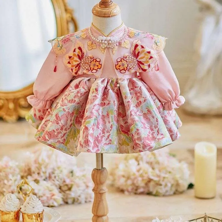 女宝宝抓周礼服秋冬季粉色公主裙小童婴儿一周岁生日国风唐装中式