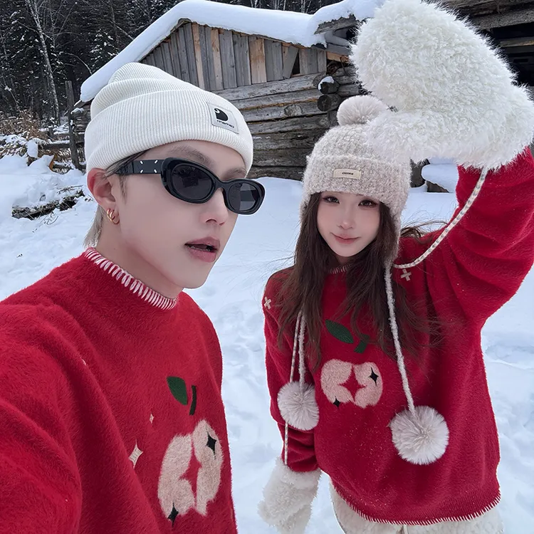 新年穿搭情侣装秋冬慵懒风毛衣女宽松外穿红色拜年过年套头针织衫