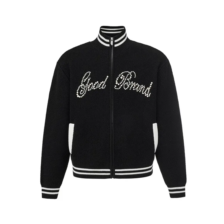 GOODBRAND 2025FW 珍珠花体标语轻奢毛织棒球夹克外套 男女同款