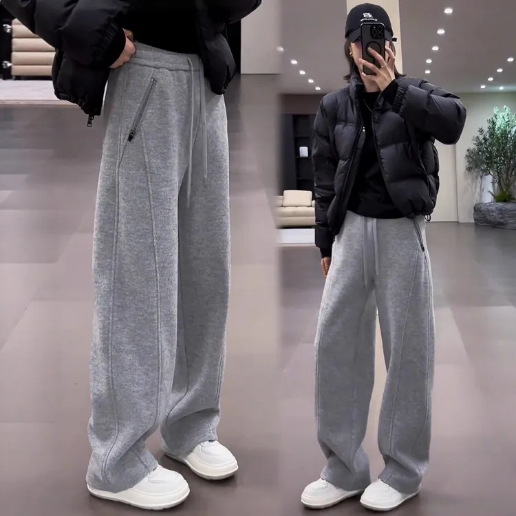 羊毛呢窄版阔腿弯刀裤女秋冬2025新款加绒加厚高腰休闲直筒卫裤子