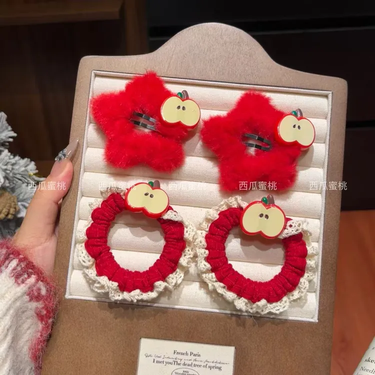 新年红色苹果发圈星星毛绒发夹BB秋冬少女可爱甜美发卡苹果发饰