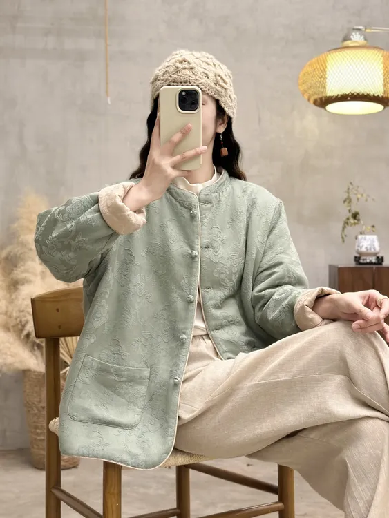 YM8049新款亚麻棉衣夹棉混纺双面中式提花复古盘扣宽松立领棉衣