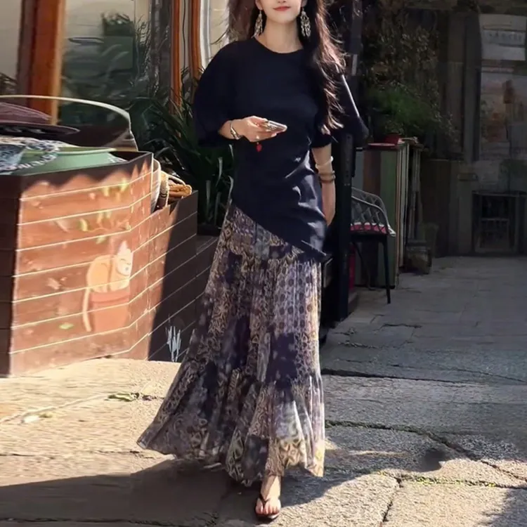 设计感不规则宽松短袖T恤高腰碎花半身裙两件套女夏装搭配一整套