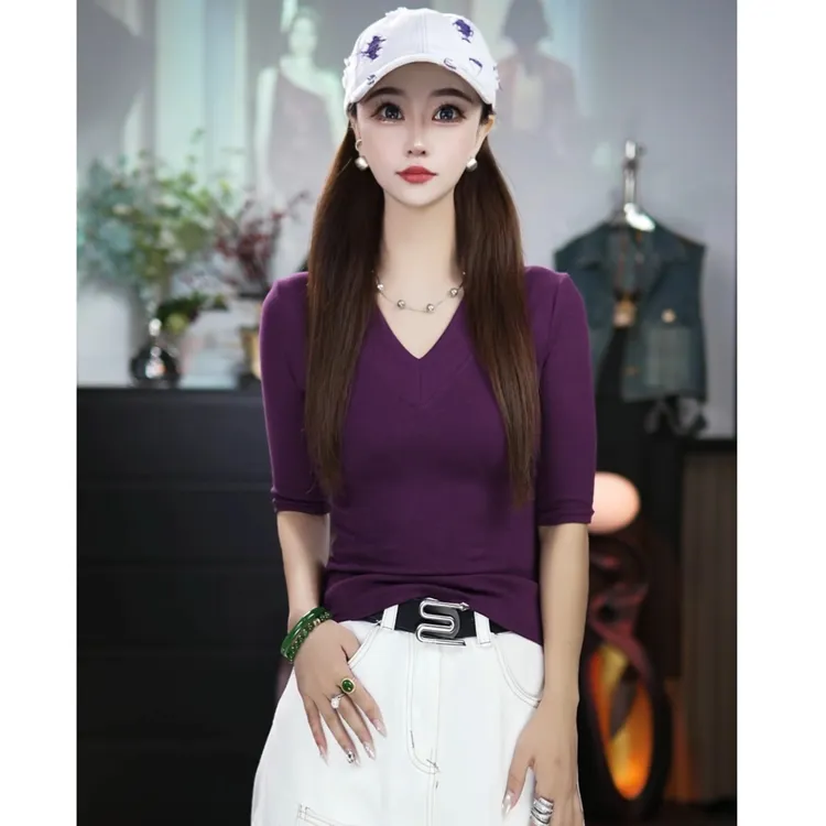 2025早秋新款美式辣妹V领中袖T恤女设计款修身显瘦洋气百搭9966#