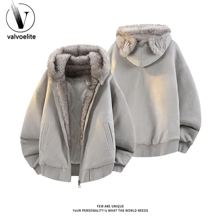 连帽猫耳麂皮绒座山雕棉服男款冬季加厚美式潮牌棉衣潮流棉袄外套