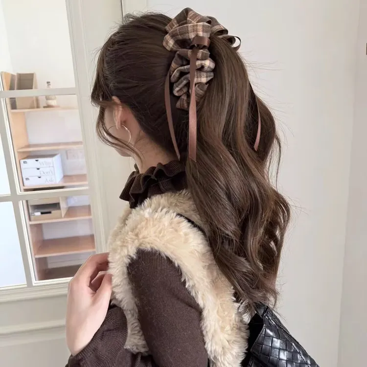 摩卡甜心~韩系复古格纹云朵香蕉夹蝴蝶结飘带减龄学院风马尾竖夹