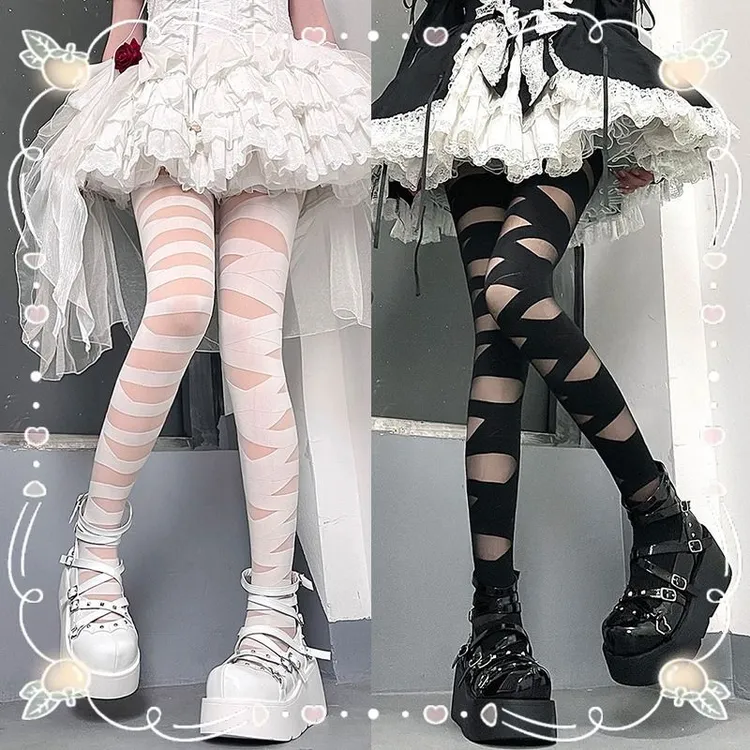 y2k亚文化辣妹黑白色绷带长筒过膝丝袜女洛丽塔连裤袜春夏薄款