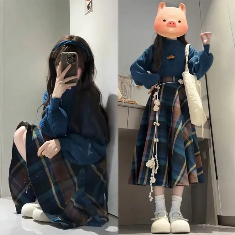 秋冬巨好看的两件套韩系温柔风克莱因蓝针织毛衣格纹半身裙套装女