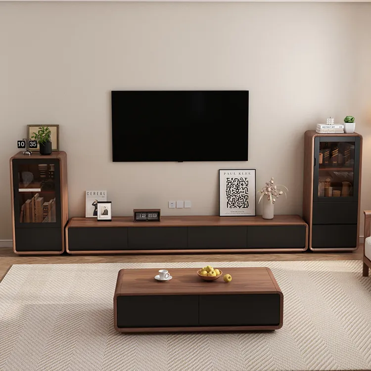 实木落地电视柜边柜客厅立柜中古风2025新款展示柜收纳储物柜一体