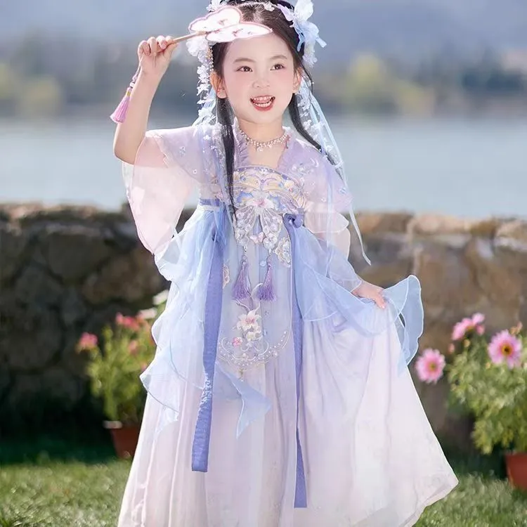 汉服女童夏儿童唐装连衣裙紫色古风国风古装日常可穿超仙公主裙