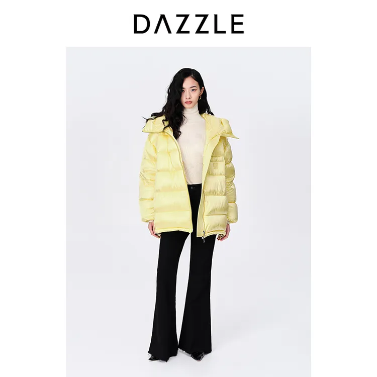 DAZZLE地素黄色简约高级亮面连帽白鸭绒面包羽绒服外套2E4K3091U