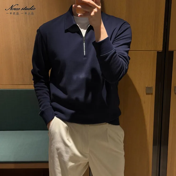 【诺可高定】秋冬杜邦索罗娜复古哈苏线锁边半拉链POLO 爵派尔KH712