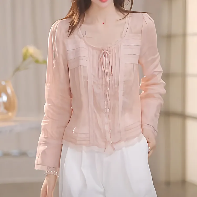 2025年通勤法式粉色精致花边圆领长袖衬衫女设计感上衣潮款款式潮