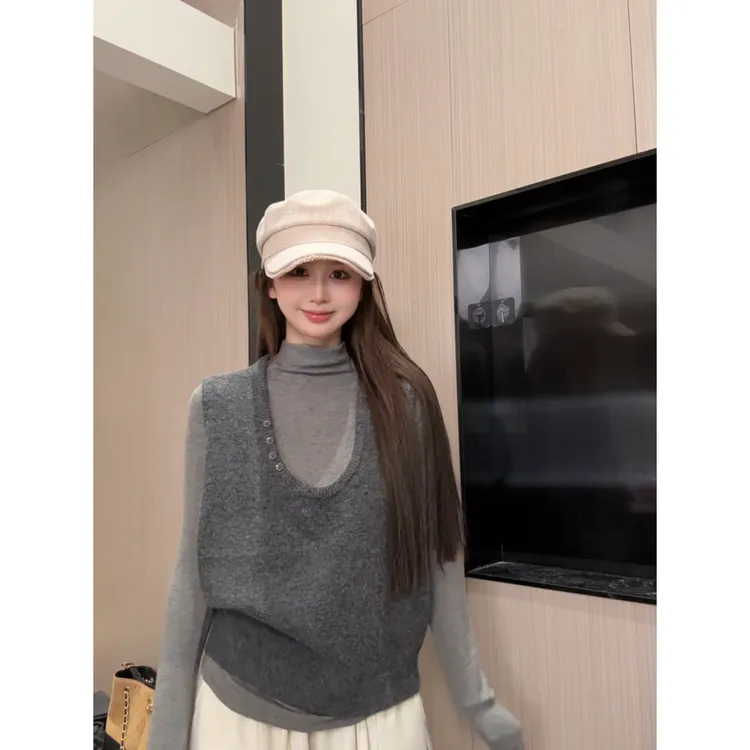 【运补6米】纯色u领简约软糯叠穿针织马甲背心女坎肩百搭毛衣马甲